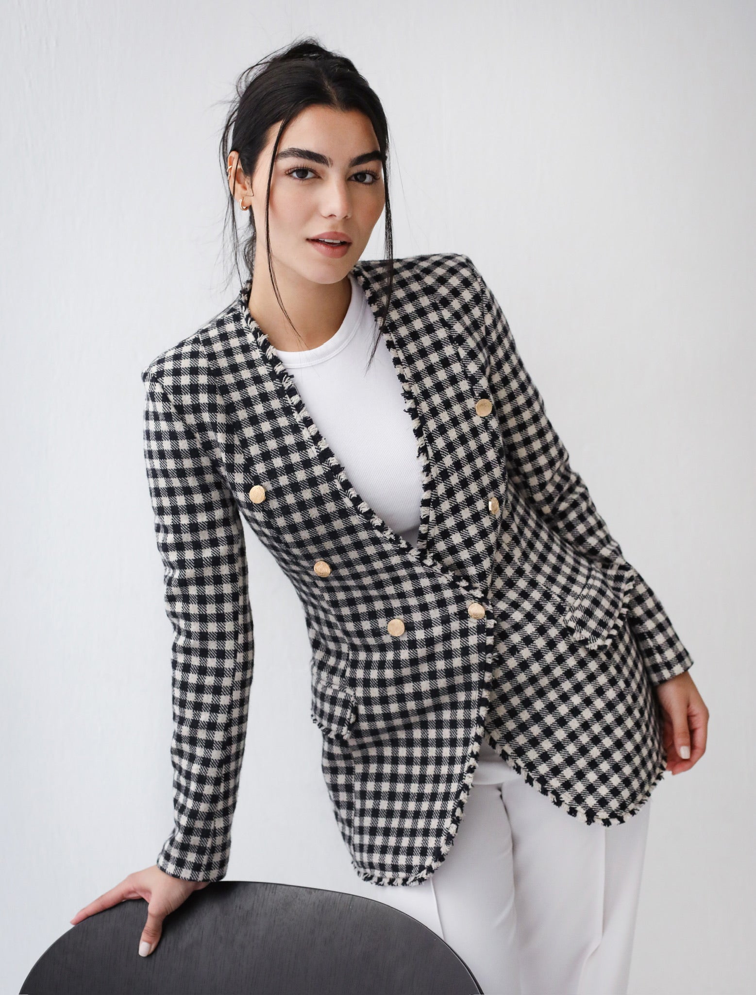 Elite Black and White Checked Wool Blazer